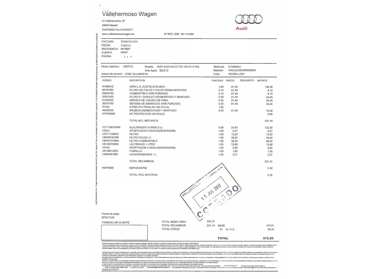 Foto del mantenimiento del Audi A4 Audi A4 2.0 TDI DPF (143 CV)