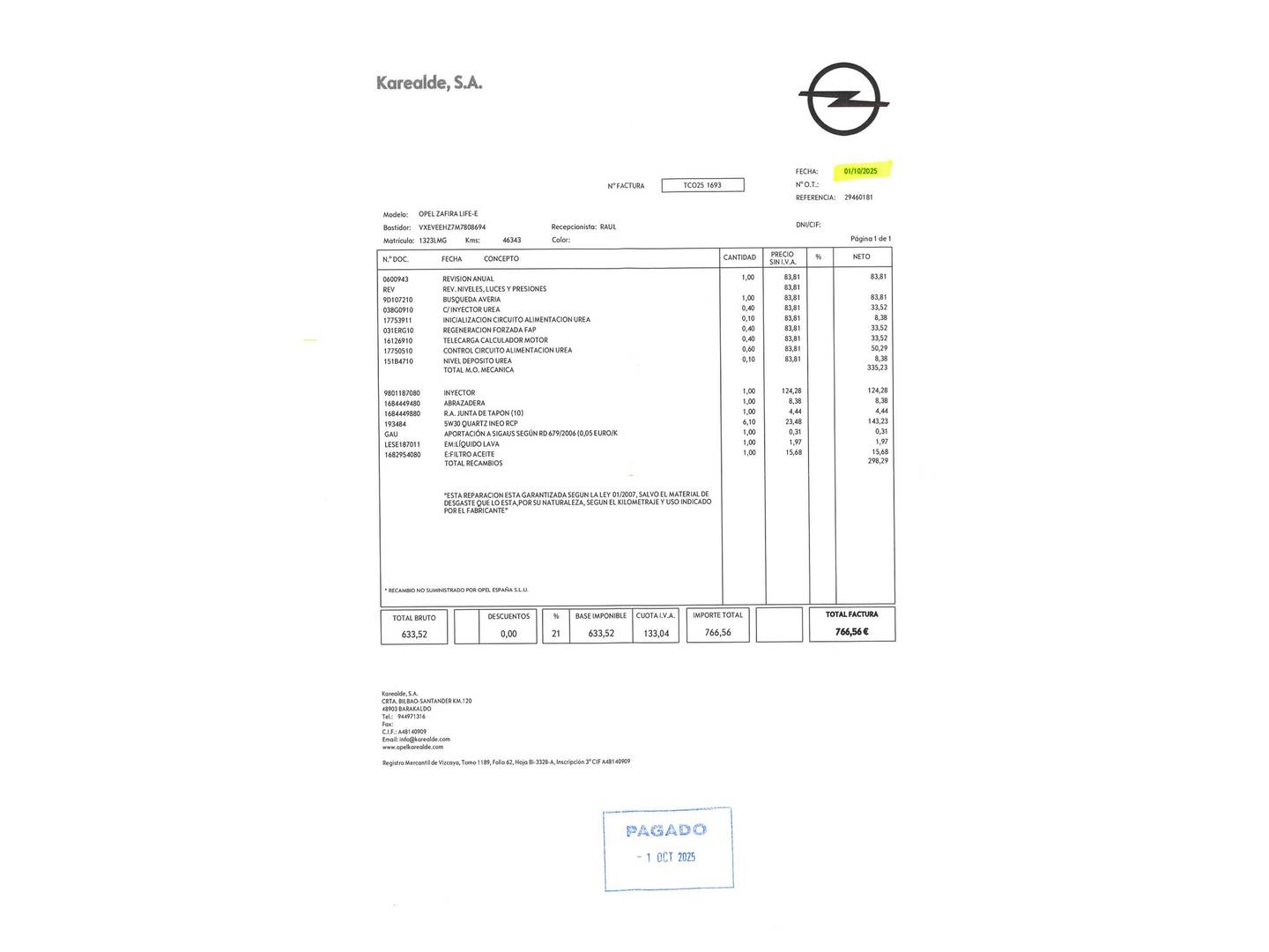 Foto del mantenimiento del Opel Zafira Life Opel Zafira Life 2.0 Diesel M Elegance Auto (177 CV) 8 Plazas
