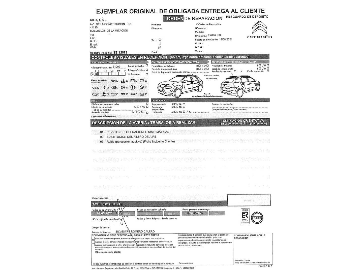 Foto del mantenimiento del Citroën C5 Aircross Citroën C5 Aircross PureTech 130 S&S Live Pack (131 CV)