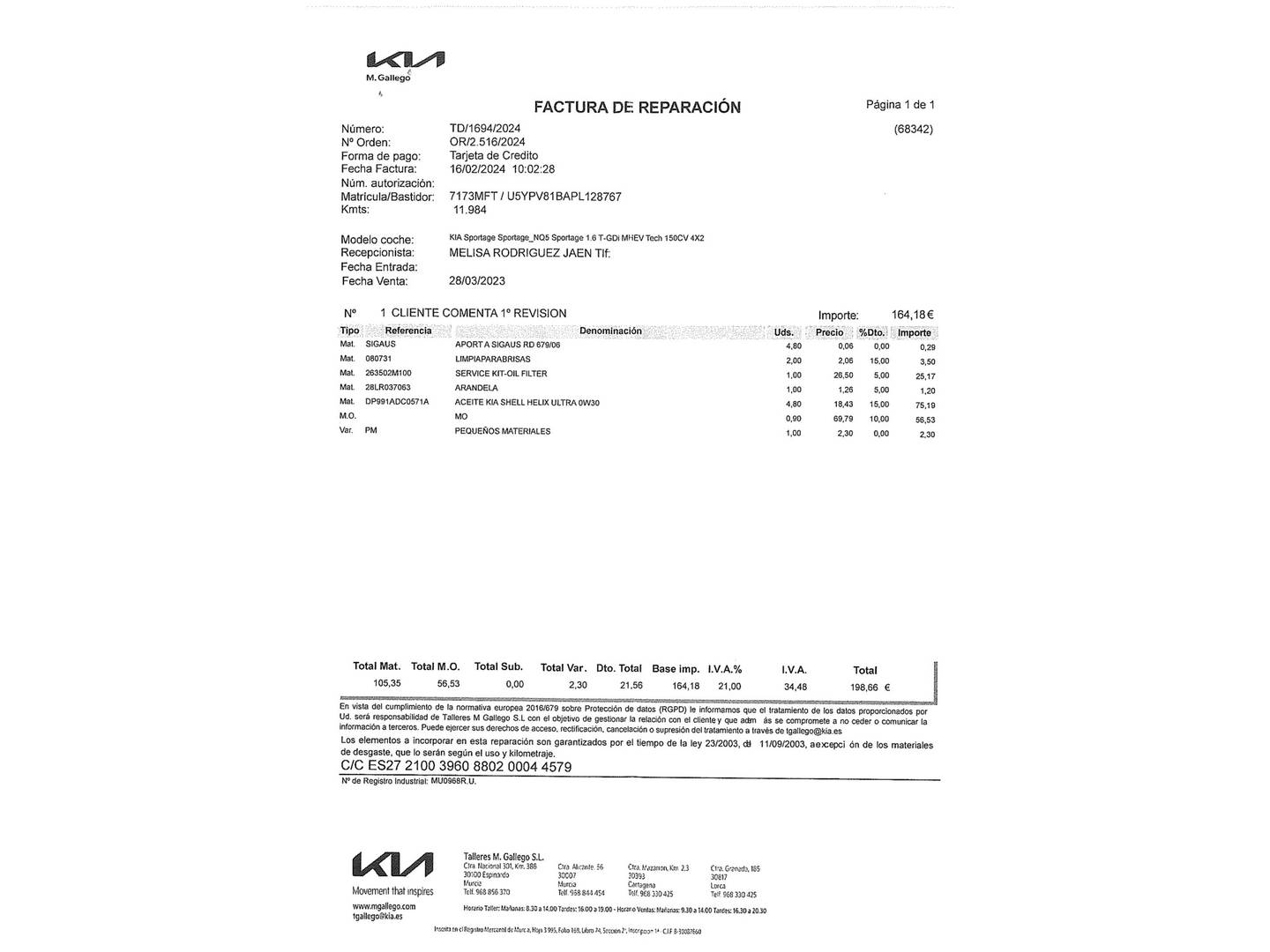Foto del mantenimiento del KIA Sportage KIA Sportage 1.6 T-GDi MHEV Tech 4x2 (150 CV)