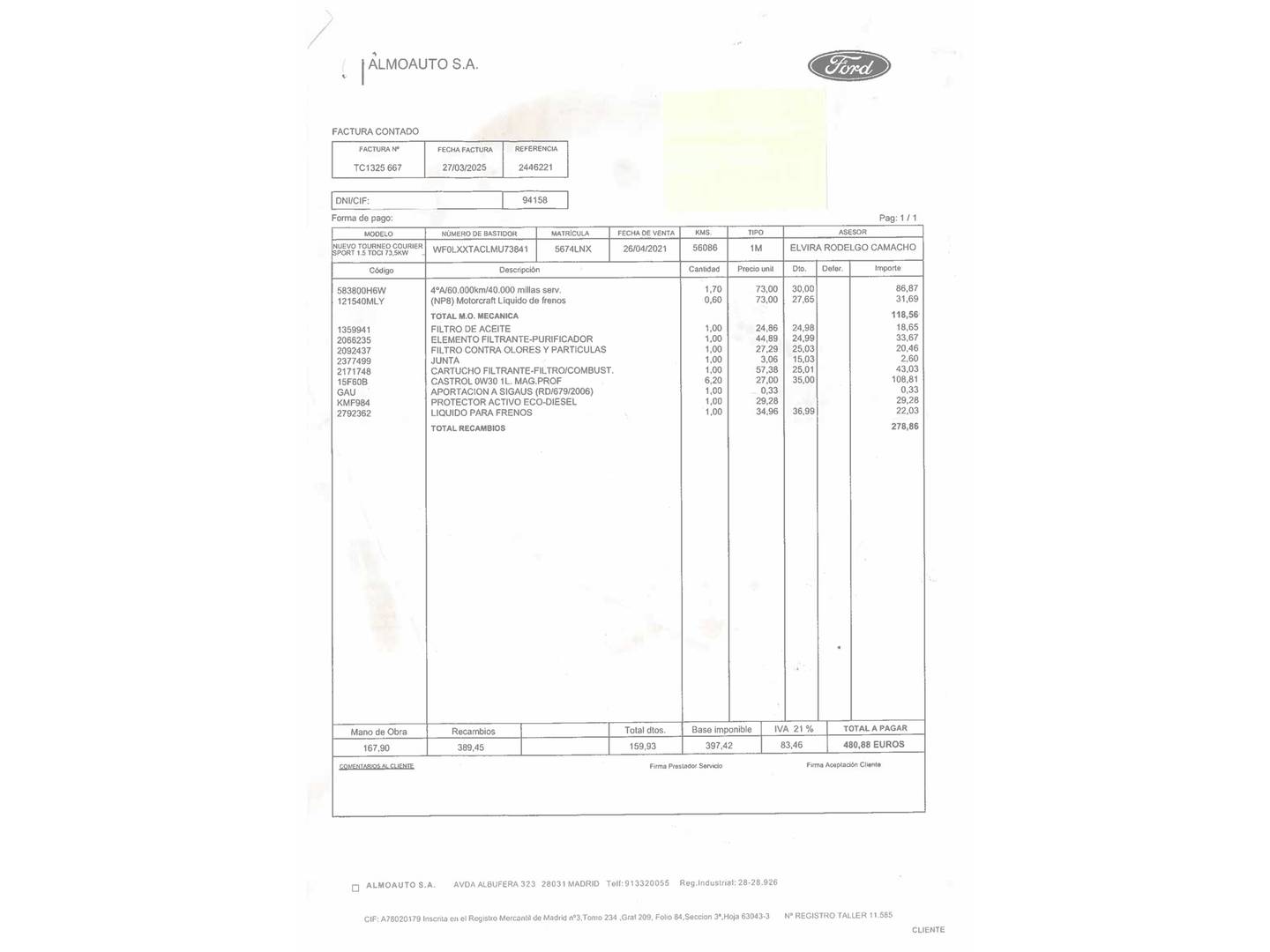 Foto del mantenimiento del Ford Tourneo Courier Ford Tourneo Courier 1.5 TDCi Sport (100 CV)