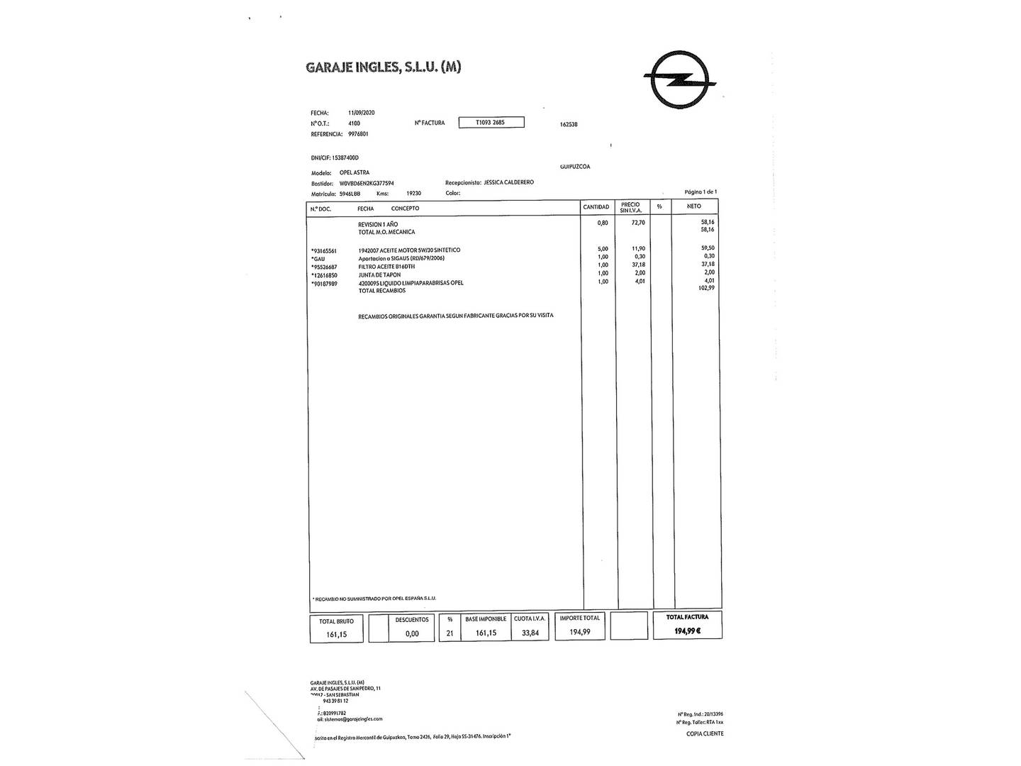 Foto del mantenimiento del Opel Astra Opel Astra 1.6 CDTI 120 Aniversario (110 CV)