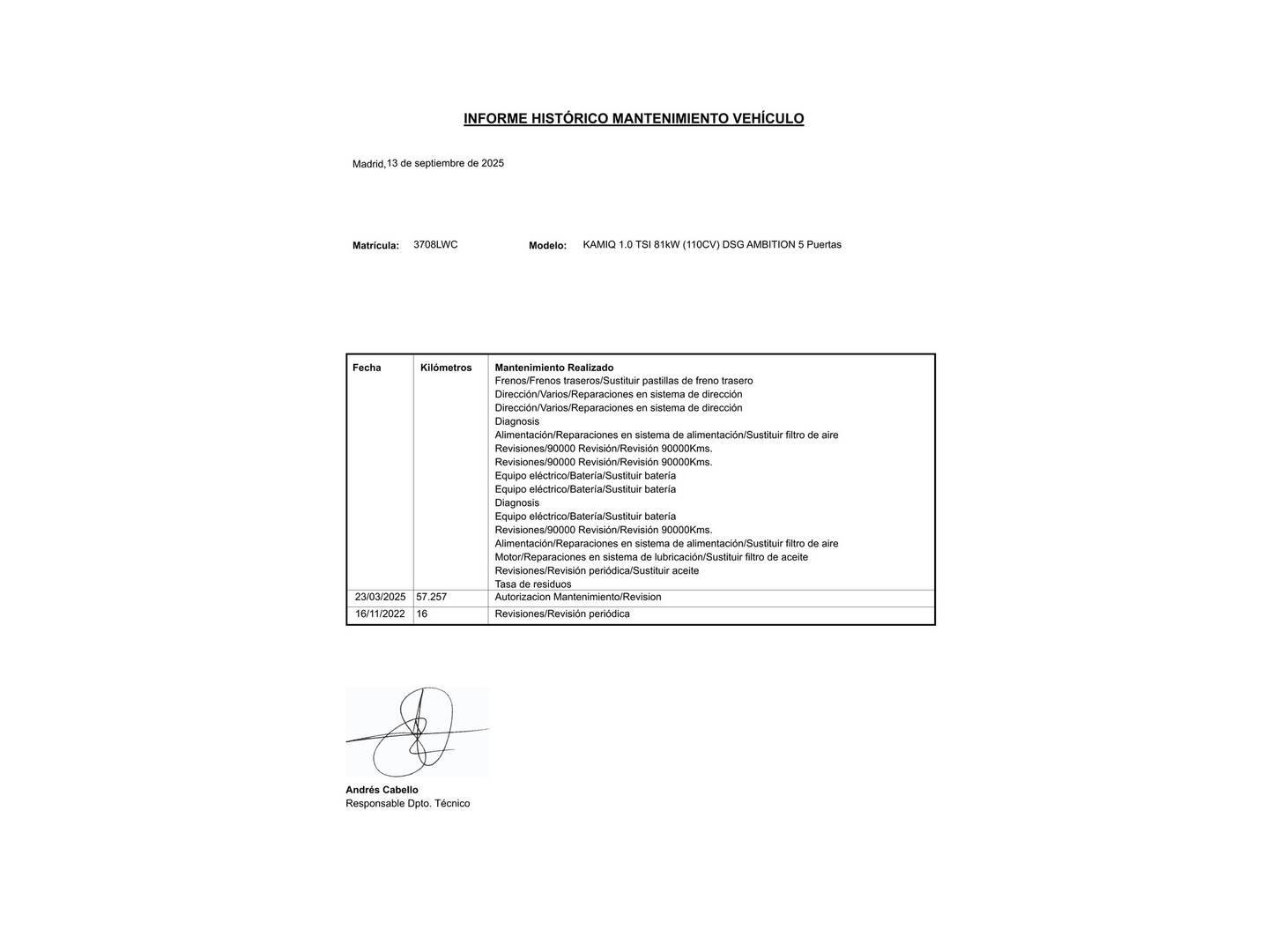 Foto del mantenimiento del Skoda Kamiq Skoda Kamiq 1.0 TSI Ambition DSG (110 CV)