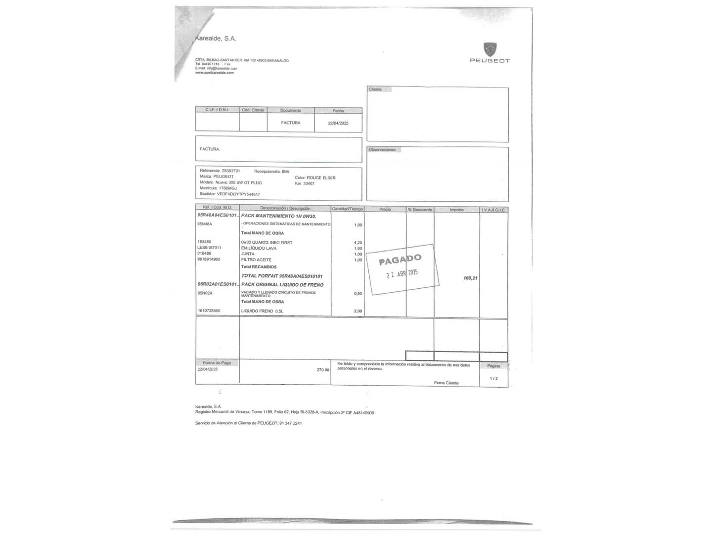 Foto del mantenimiento del Peugeot 308 Peugeot 308 SW Hybrid 225 GT eEAT8 (225 CV)