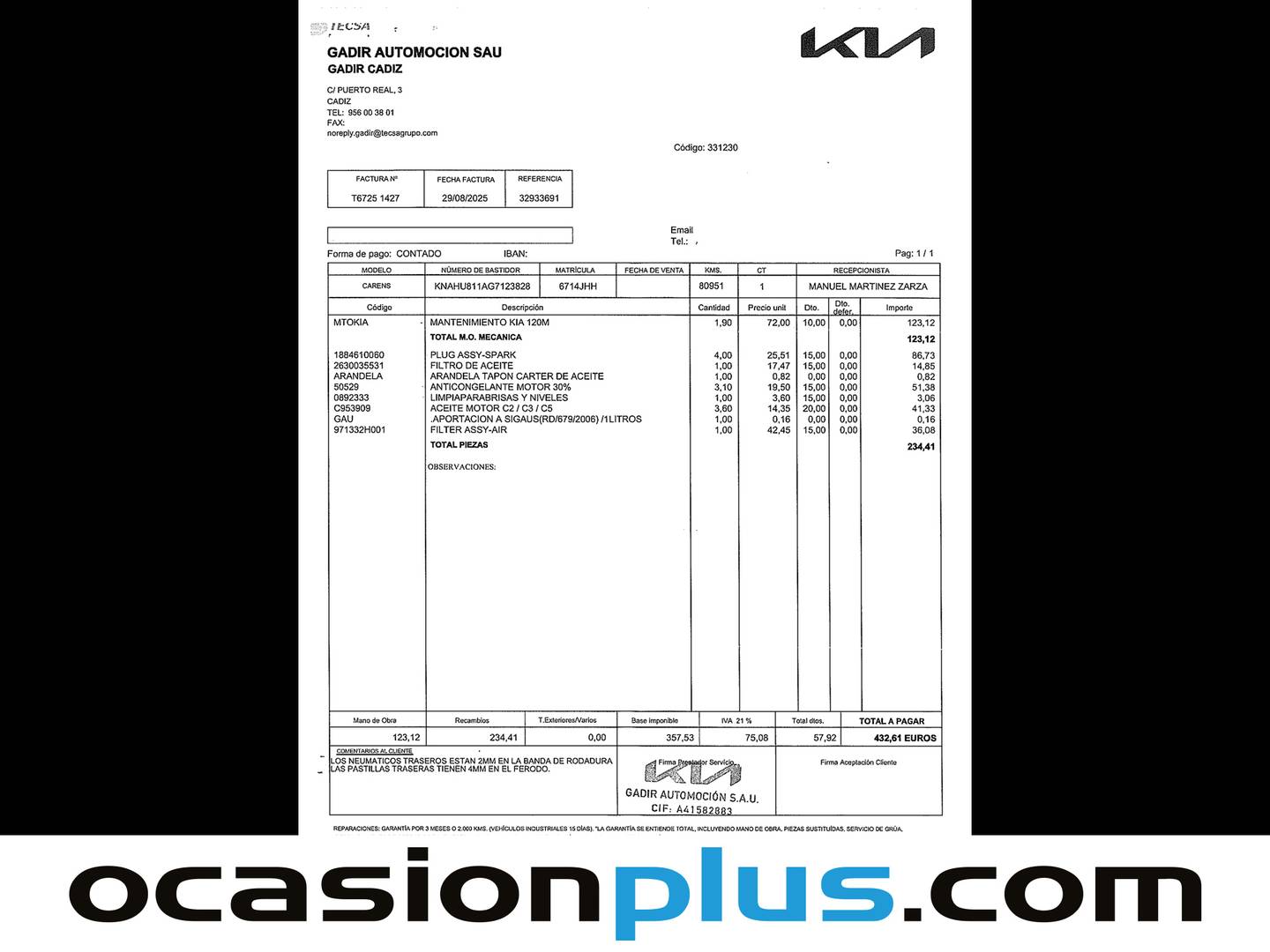 Foto del mantenimiento del KIA Carens KIA Carens 1.6 GDi Eco-Dynamic x-Tech (135 CV)