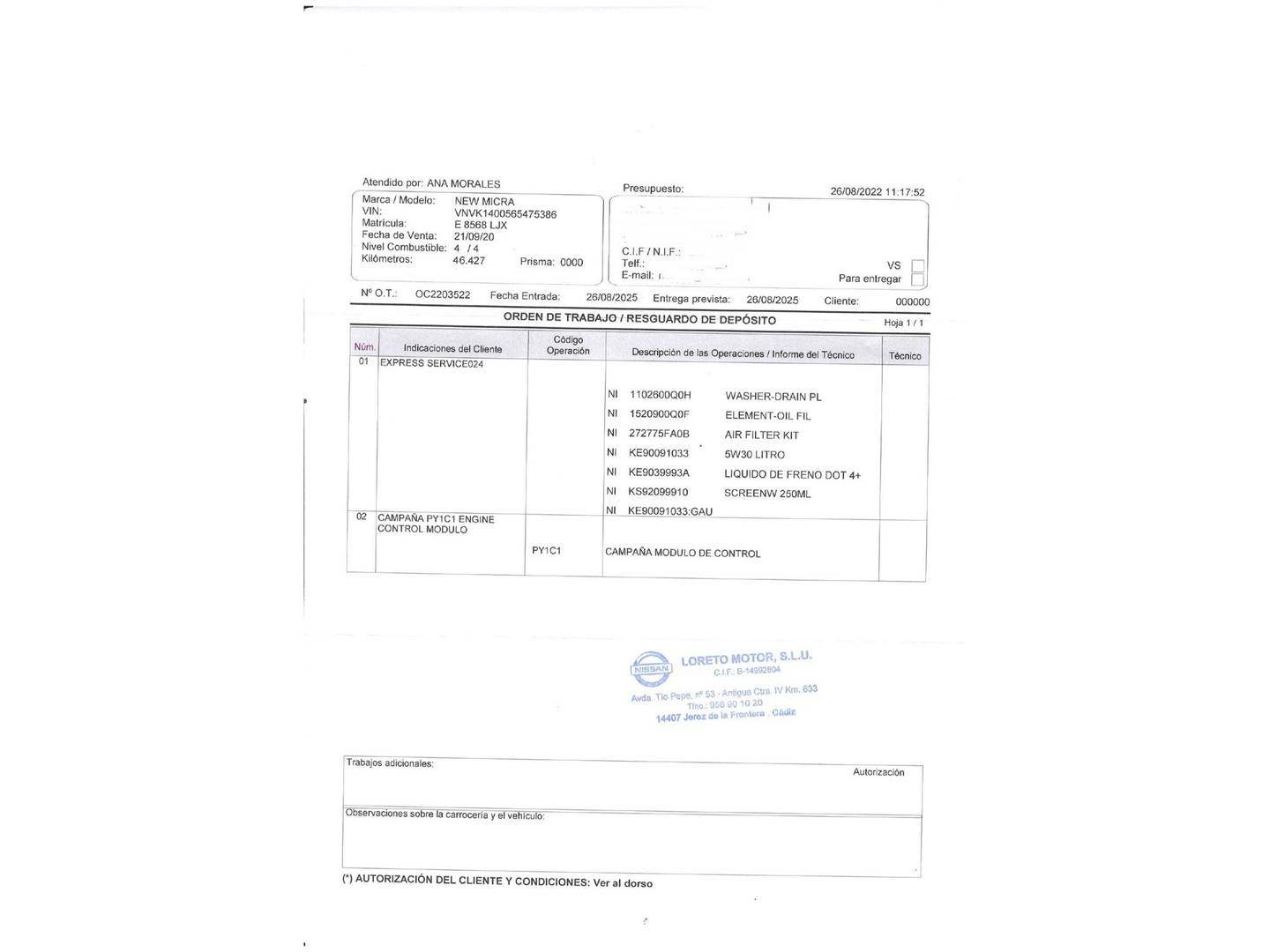 Foto del mantenimiento del Nissan Micra Nissan Micra IG-T 100 Acenta (100 CV)