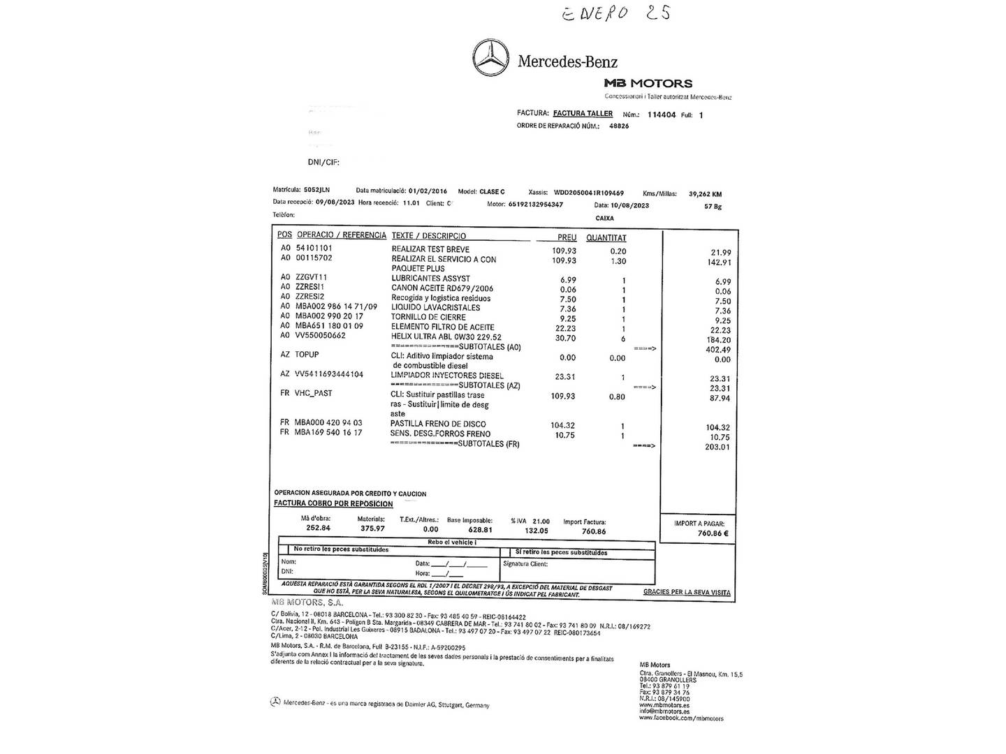 Foto del mantenimiento del Mercedes Clase C Mercedes Clase C 220 d (170 CV) Pack AMG