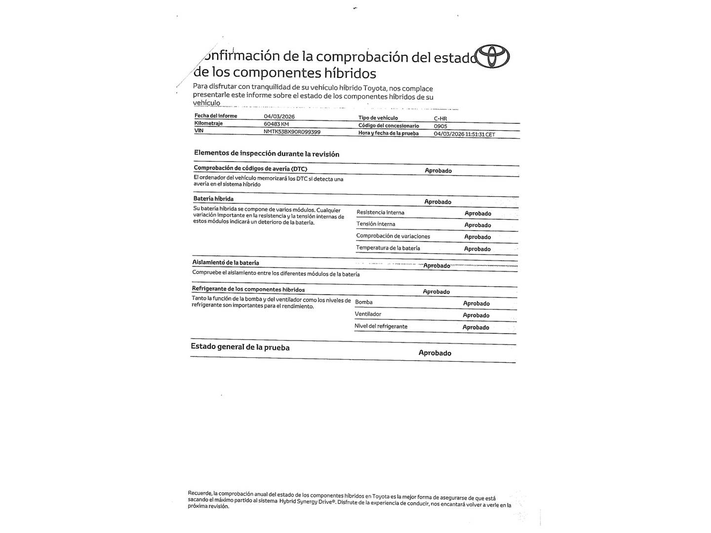Foto del mantenimiento del Toyota C-HR Toyota C-HR 180H GR Sport (184 CV)