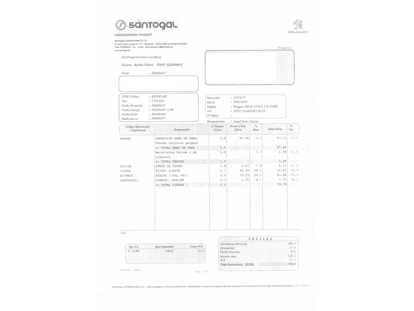 Foto del mantenimiento del Peugeot 208 Peugeot 208 PureTech Signature (82 CV)