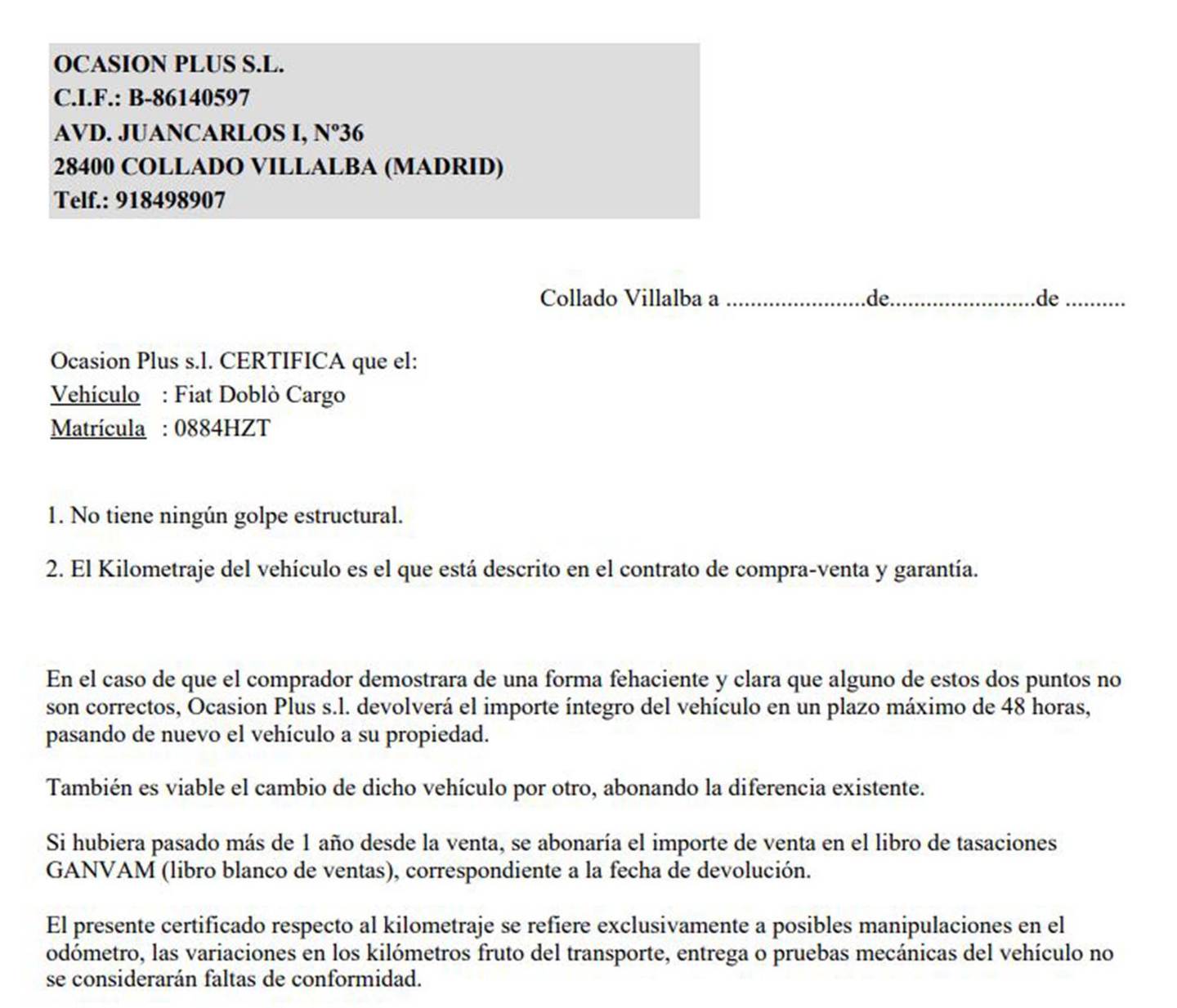 Foto del certificado del Fiat Doblò Cargo Fiat Dobló 1.3 Multijet Base (90 CV)