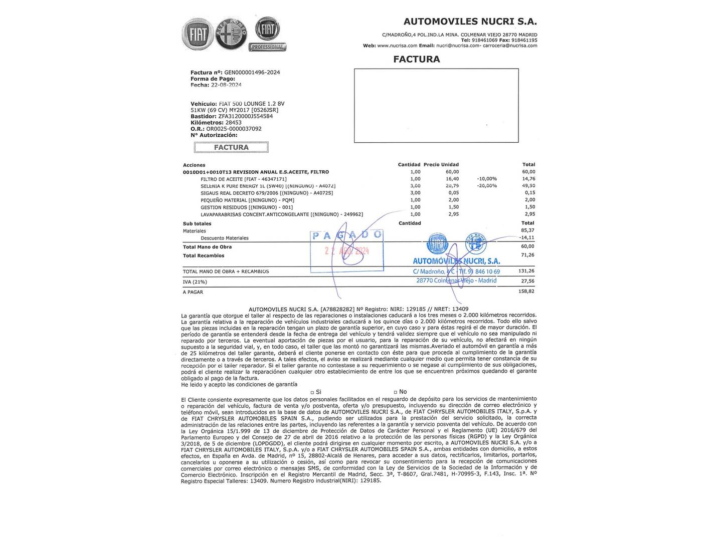 Foto del mantenimiento del Fiat 500 Fiat 500 1.2 8v Lounge (69 CV)