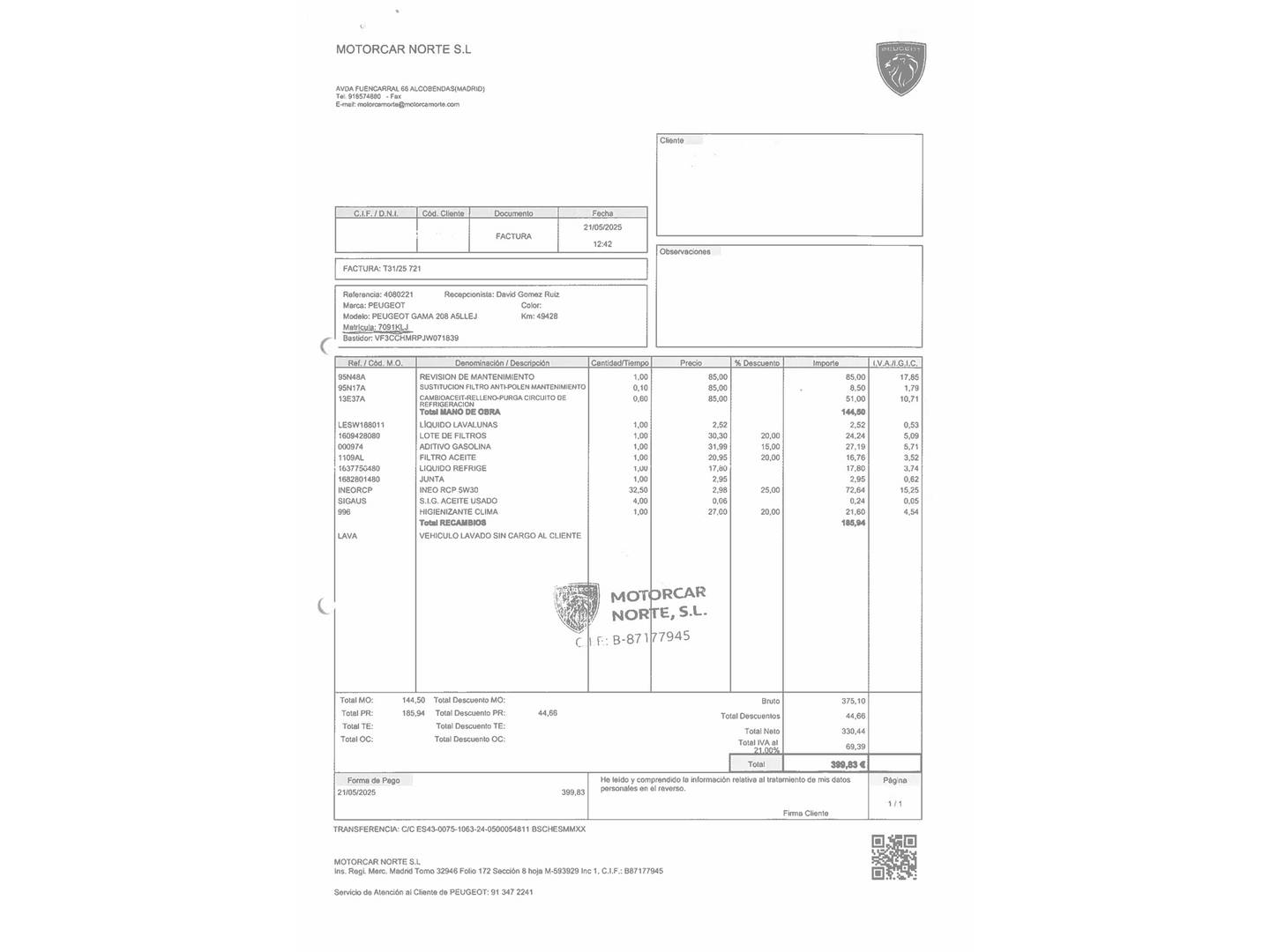 Foto del mantenimiento del Peugeot 208 Peugeot 208 PureTech 82 Style (82 CV)