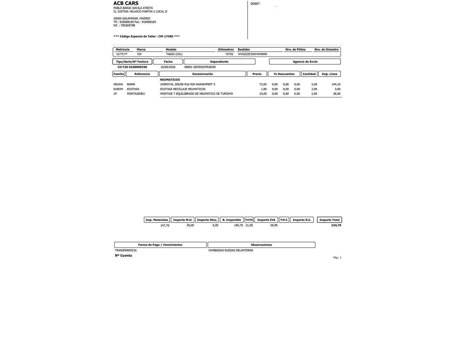 Foto del mantenimiento del Volkswagen Taigo Volkswagen Taigo Life 1.0 TSI (110 CV) DSG