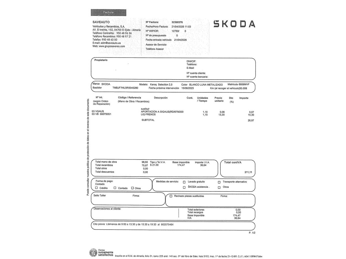 Foto del mantenimiento del Skoda Karoq Skoda Karoq 2.0 TDI Selection (115 CV)