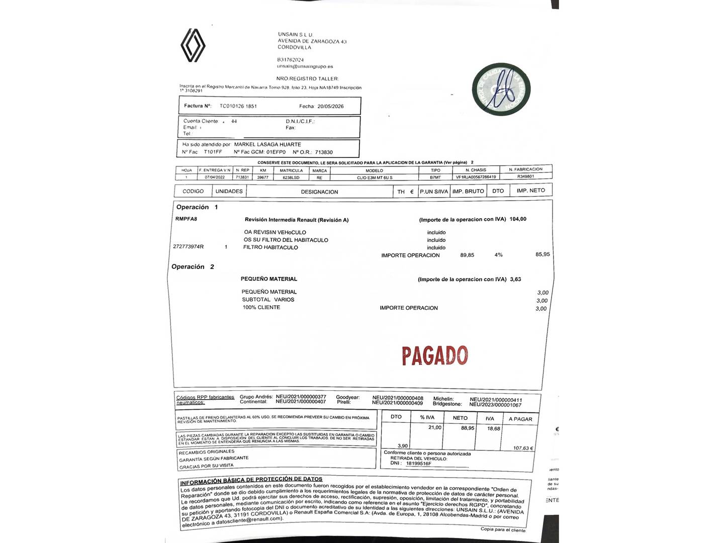 Foto del mantenimiento del Renault Clio Renault Clio Zen TCe (90 CV)