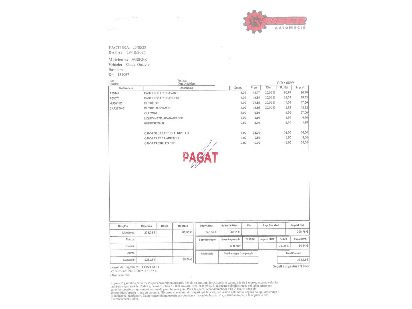 Foto del mantenimiento del Skoda Octavia Skoda Octavia Combi 2.0 TSI RS DSG (245 CV)