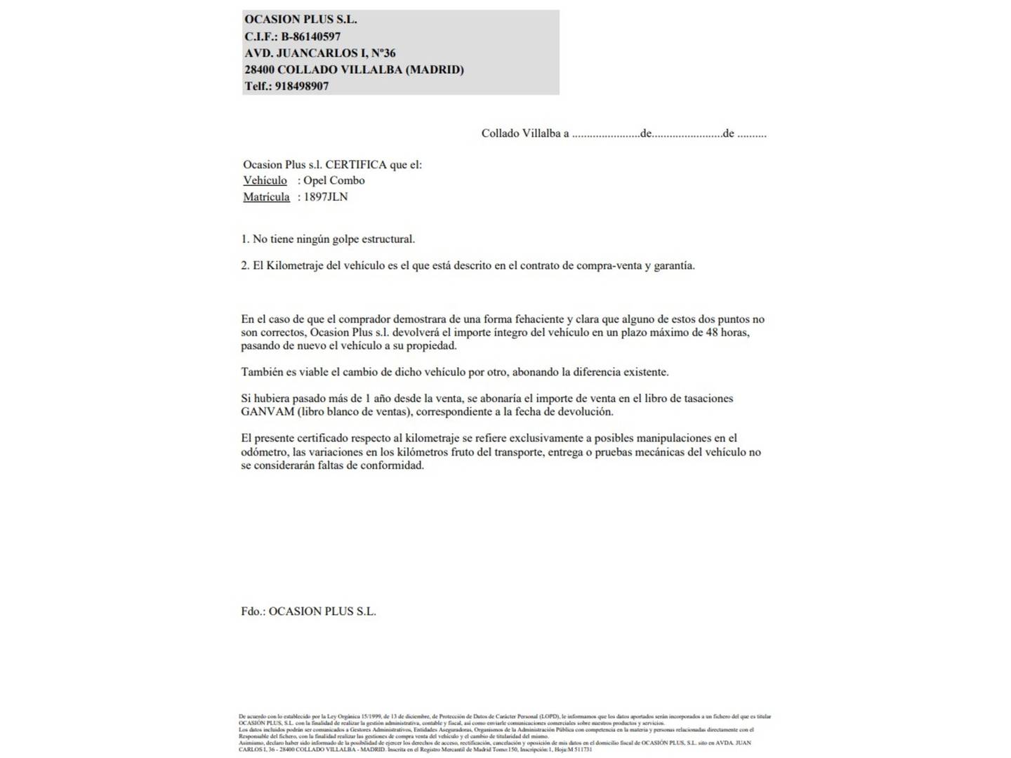 Foto del certificado del Opel Combo Opel Combo Tour 1.3 CDTI Expression L1H1 (90 CV)