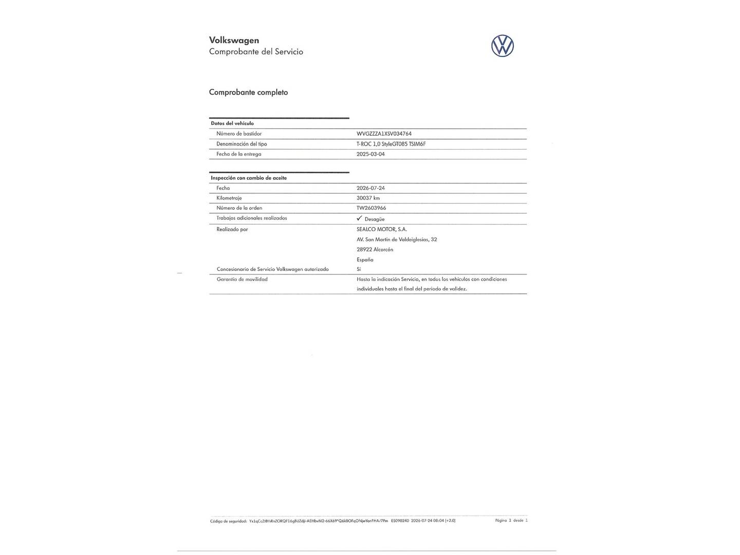 Foto del mantenimiento del Volkswagen T-Roc Volkswagen T-Roc Dark Line 1.0 TSI (115 CV)