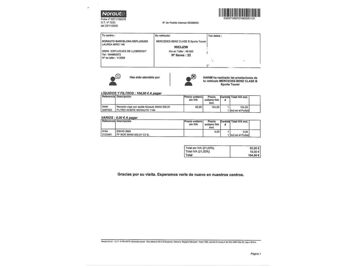 Foto del mantenimiento del Mercedes Clase B Mercedes Clase B B 180 d (109 CV)