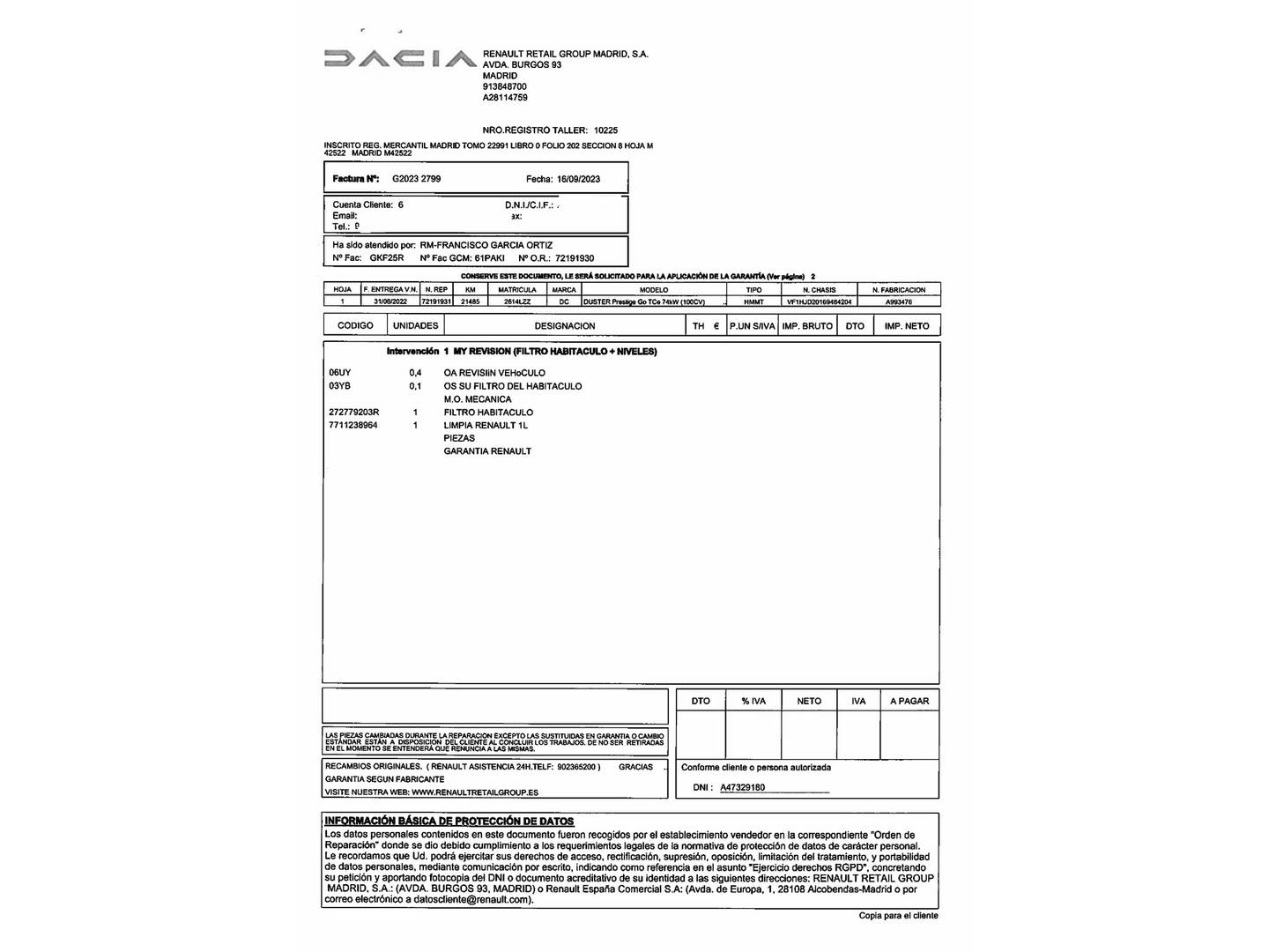 Foto del mantenimiento del Dacia Duster Dacia Duster TCE ECO-G Prestige 4X2 (100 CV)