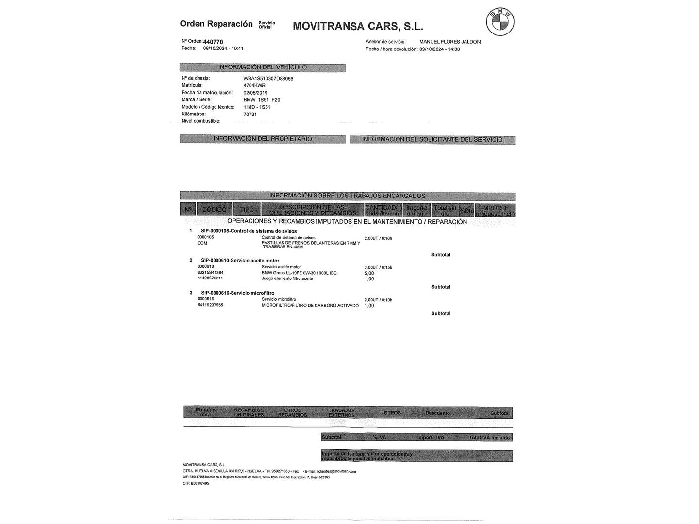 Foto del mantenimiento del BMW Serie 1 BMW Serie 1 118d (150 CV)