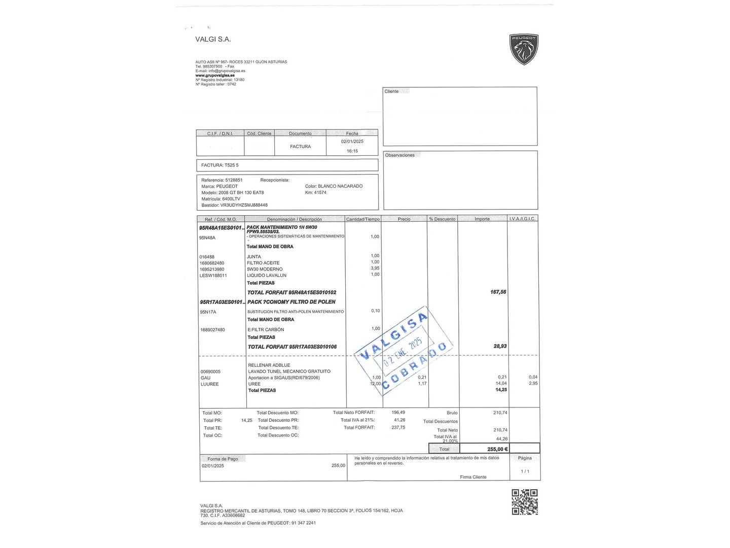 Foto del mantenimiento del Peugeot 2008 Peugeot 2008 BlueHDi 130 S&S GT EAT8 (130 CV)