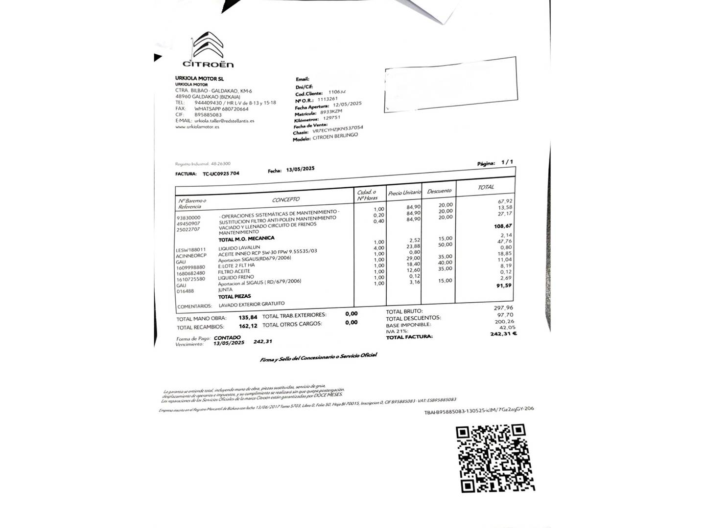 Foto del mantenimiento del Citroën Berlingo Citroën Berlingo BlueHDi 130 S&S Talla M Shine (130 CV)
