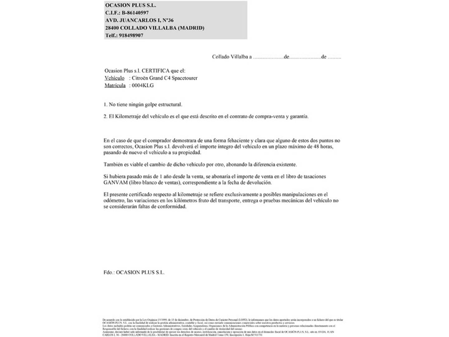 Foto del certificado del Citroën Grand C4 Spacetourer Citroën Grand C4 Spacetourer PureTech 130 S&S Feel EAT6 (130 CV) 7 Plazas