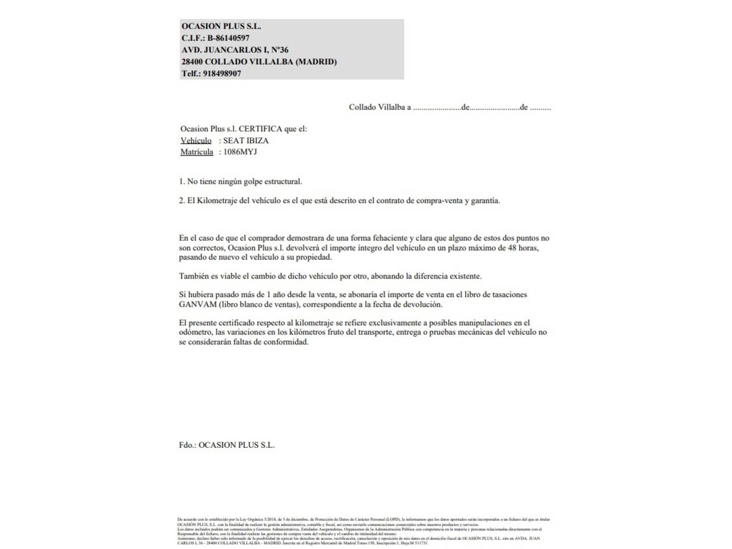 Foto del certificado del Seat Ibiza Seat Ibiza 1.0 TSI S&S Xcellence (115 CV)