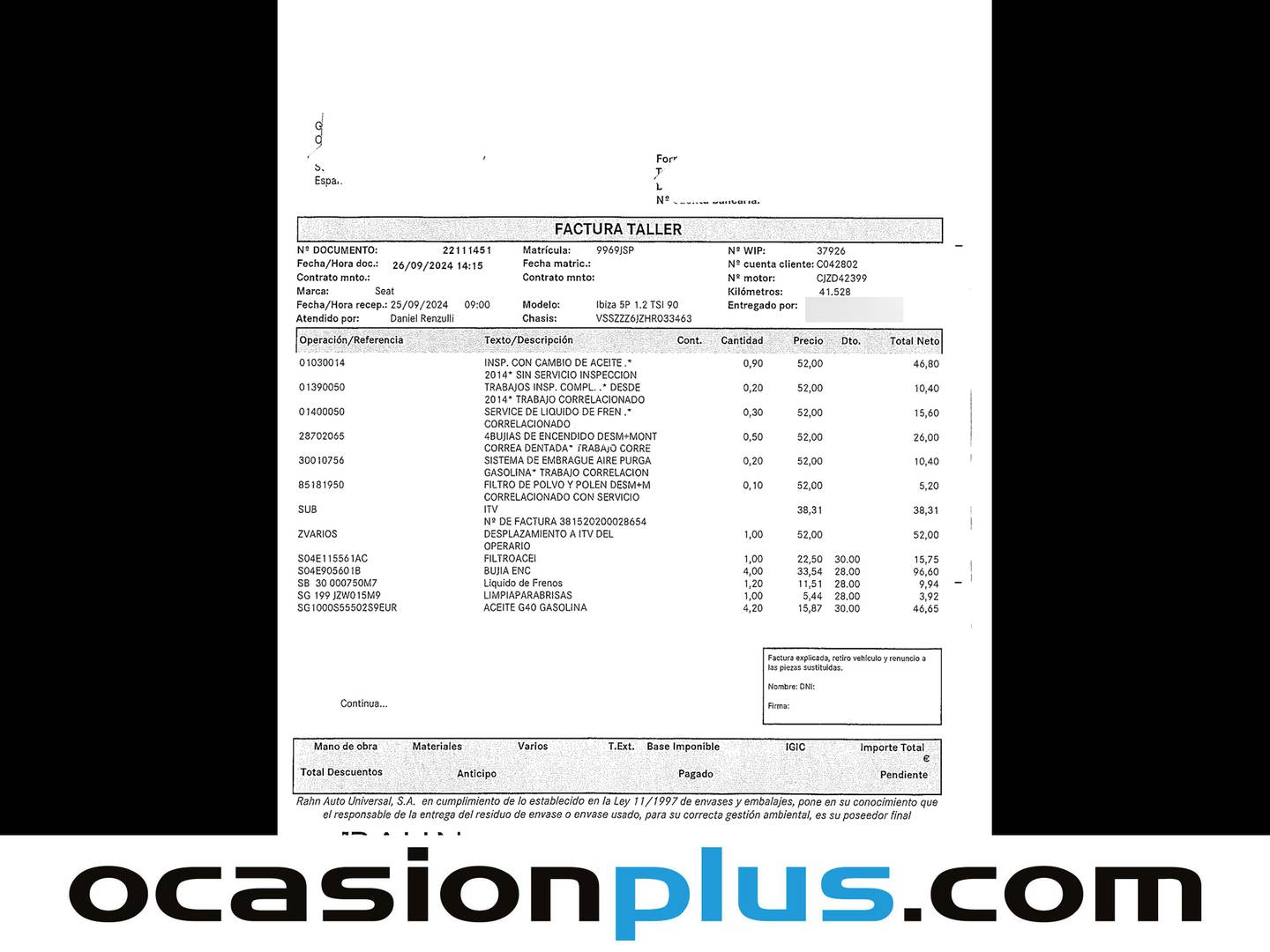 Foto del mantenimiento del Seat Ibiza Seat Ibiza 1.2 TSI Style (90 CV)