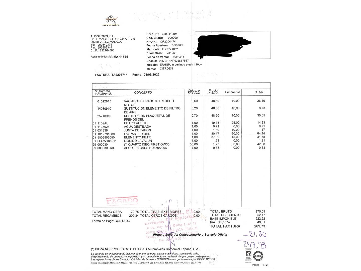 Foto del mantenimiento del Citroën Berlingo Citroën Berlingo Combi PureTech 110 S&S Talla M Feel (110 CV)