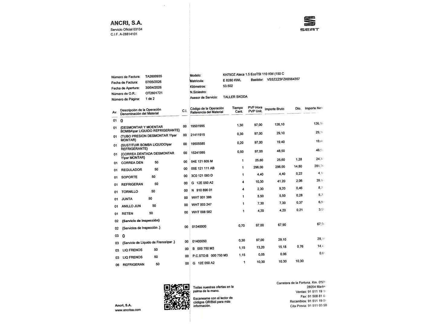 Foto del mantenimiento del Seat Ateca Seat Ateca 1.5 TSI FR Edition DSG (150 CV)