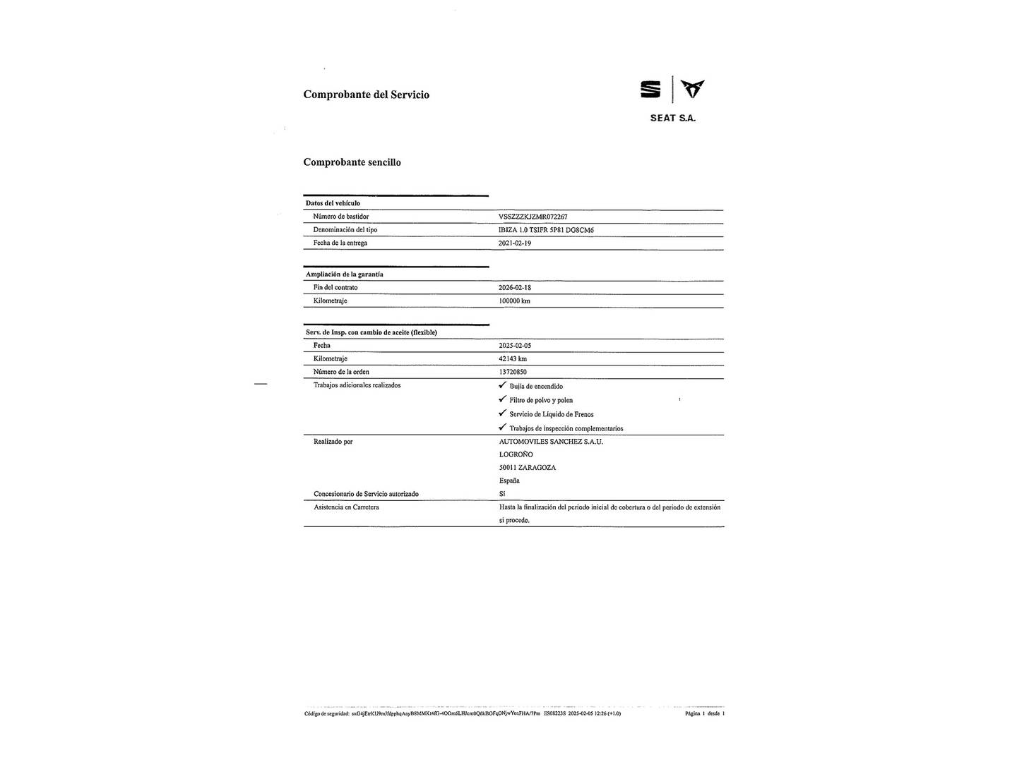 Foto del mantenimiento del Seat Ibiza Seat Ibiza 1.0 TSI FR Go2 (110 CV)