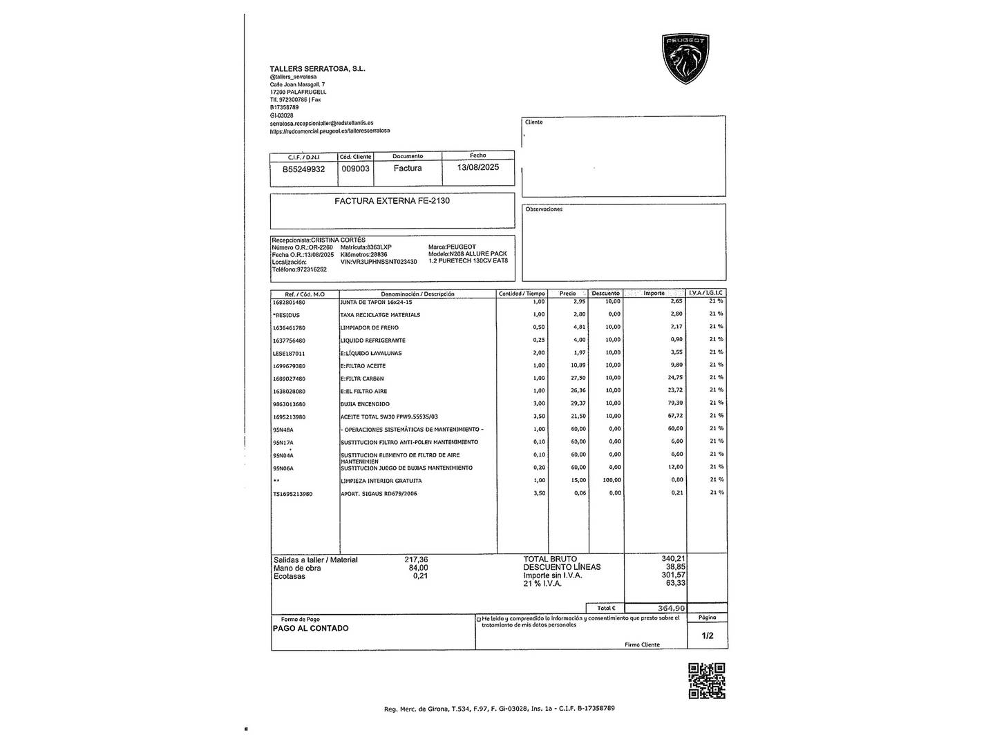 Foto del mantenimiento del Peugeot 208 Peugeot 208 PureTech 130 Allure Pack EAT8 (130 CV)