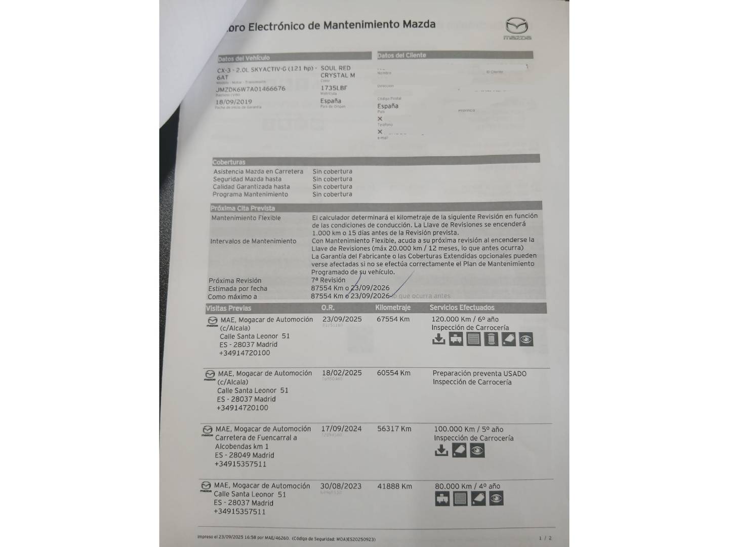 Foto del mantenimiento del Mazda CX-3 Mazda CX-3 2.0 G Zenith 2WD AT (121 CV)