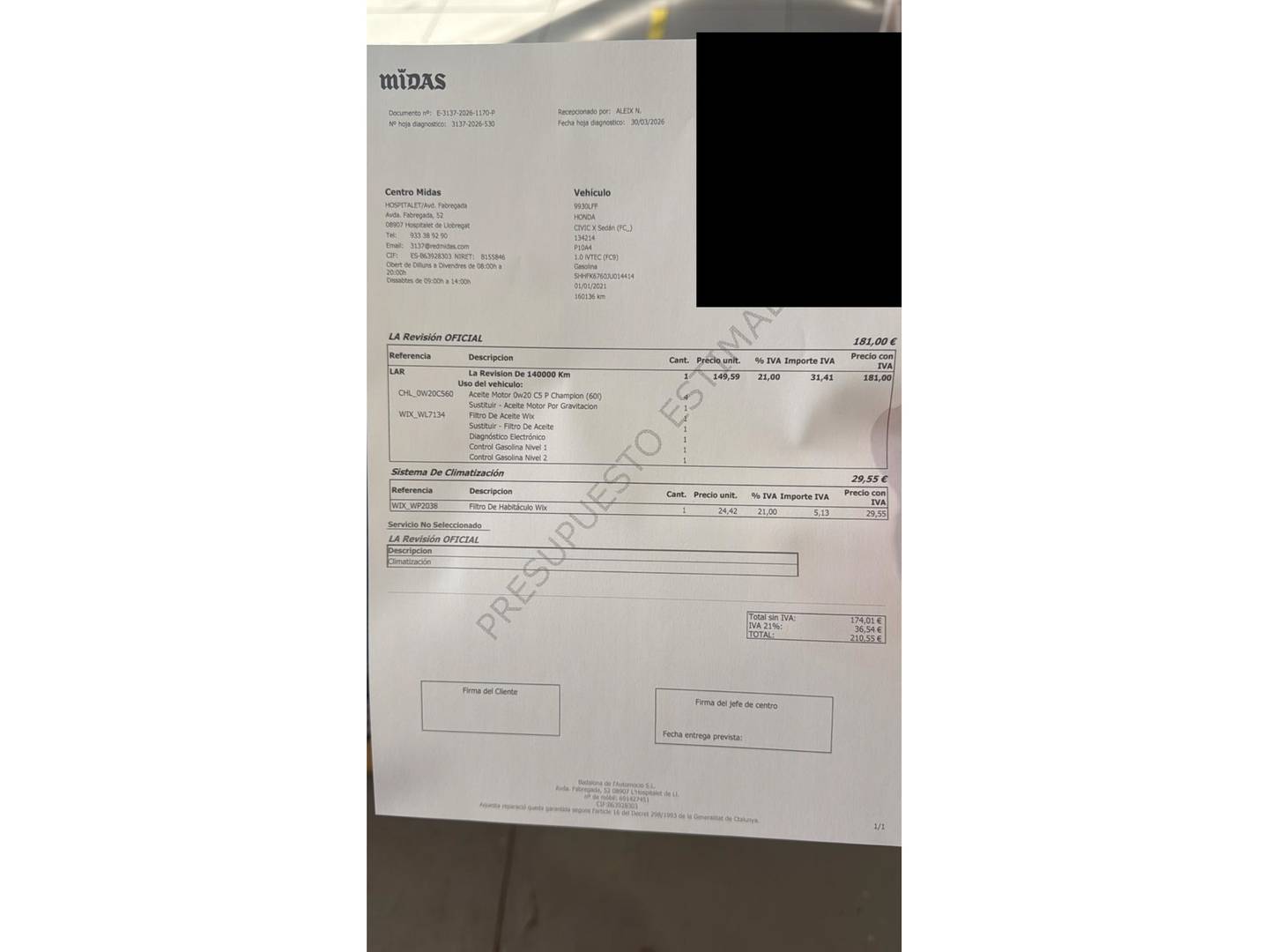 Foto del mantenimiento del Honda Civic Honda Civic 1.0 I-VTEC TURBO Elegance 95 kW (129 CV)