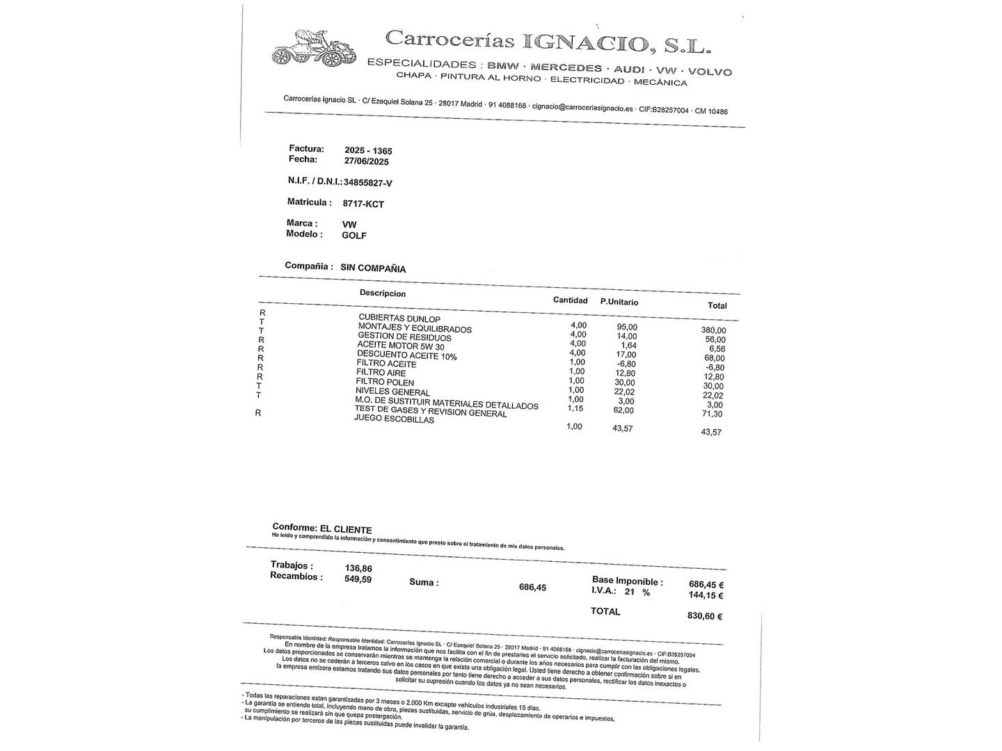 Foto del mantenimiento del Volkswagen Golf Volkswagen Golf Ready2Go 1.0 TSI (110 CV)