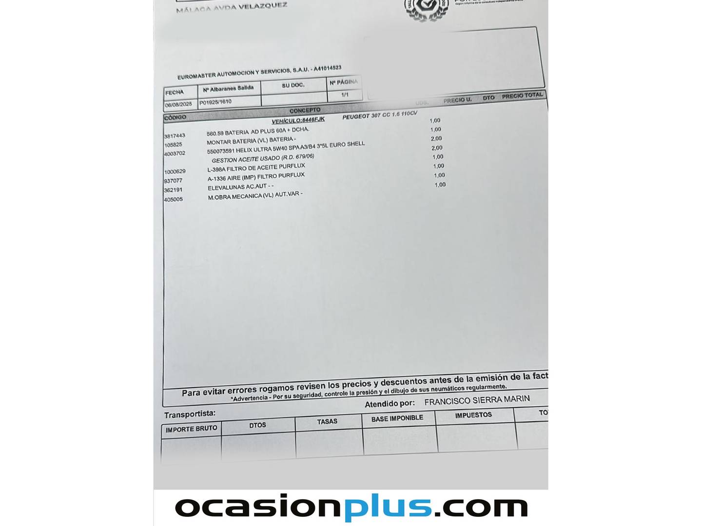Foto del mantenimiento del Peugeot 307 Peugeot 307 CC 1.6 16v Cabrio (110 CV)