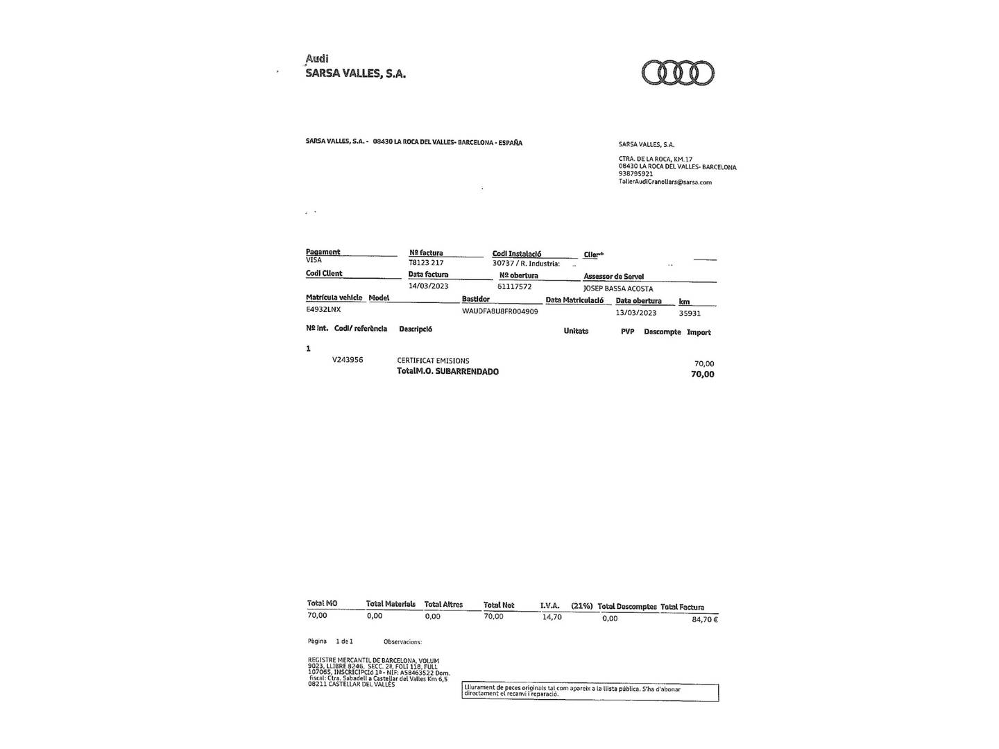 Foto del mantenimiento del Audi Q3 Audi Q3 Attraction 2.0 TFSI quattro (170 CV) S tronic 4x4