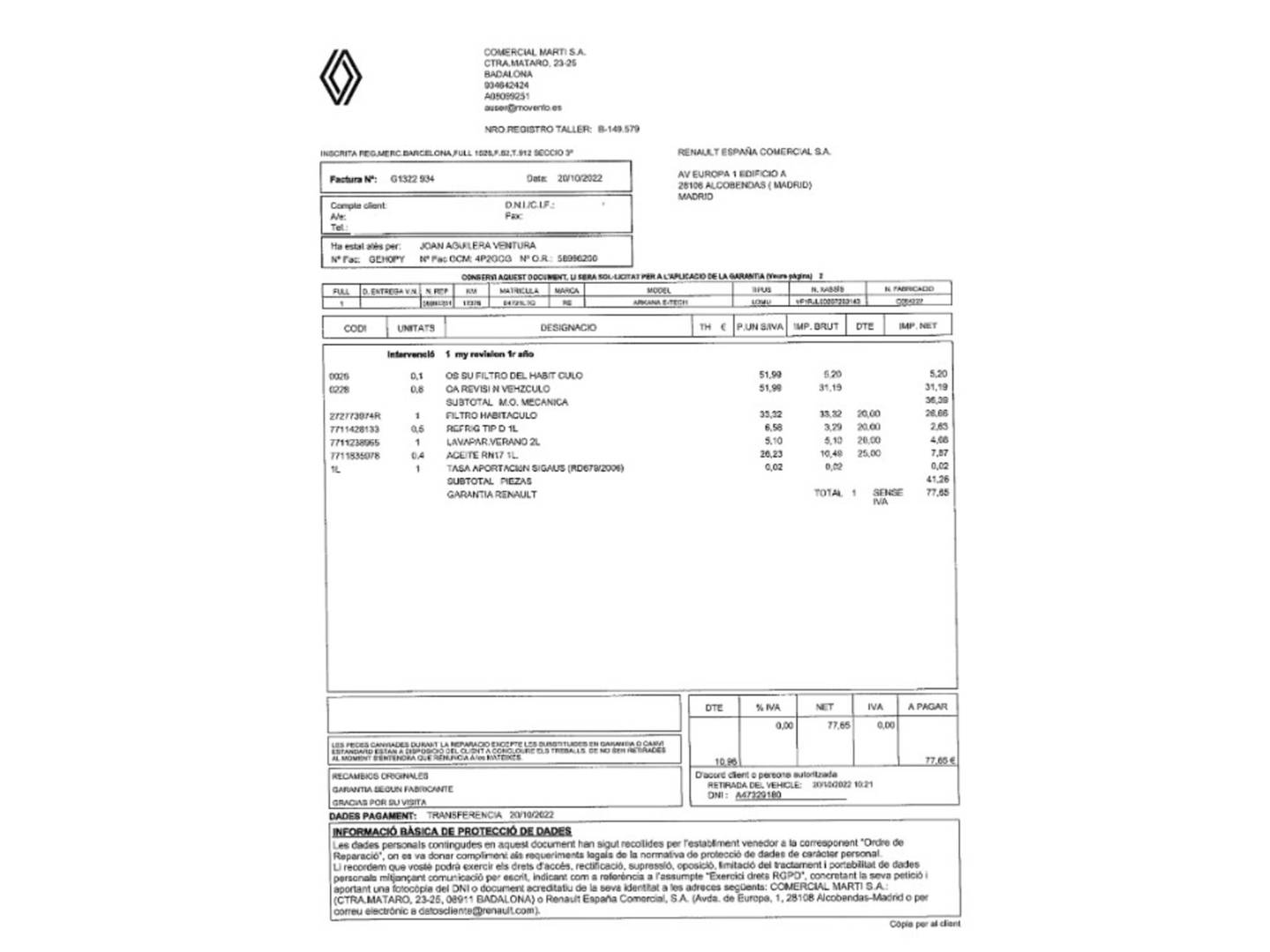 Foto del mantenimiento del Renault Arkana Renault Arkana RS Line E-Tech Híbrido (145 CV)