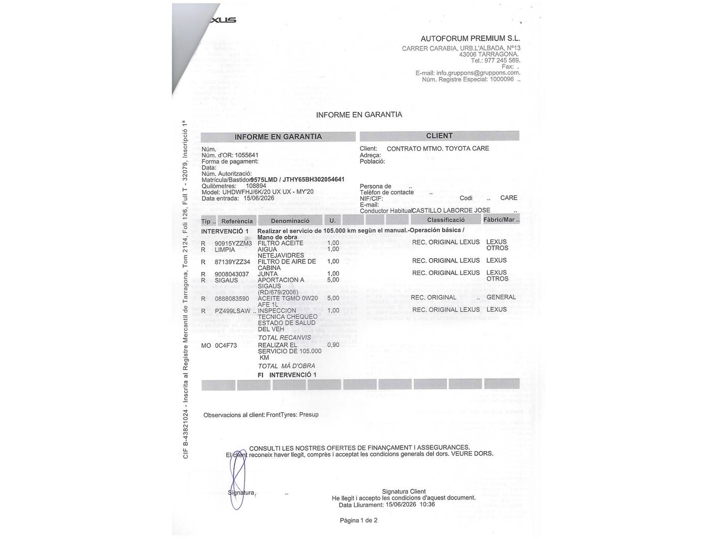 Foto del mantenimiento del Lexus UX Lexus UX UX 250h F Sport (184 CV)