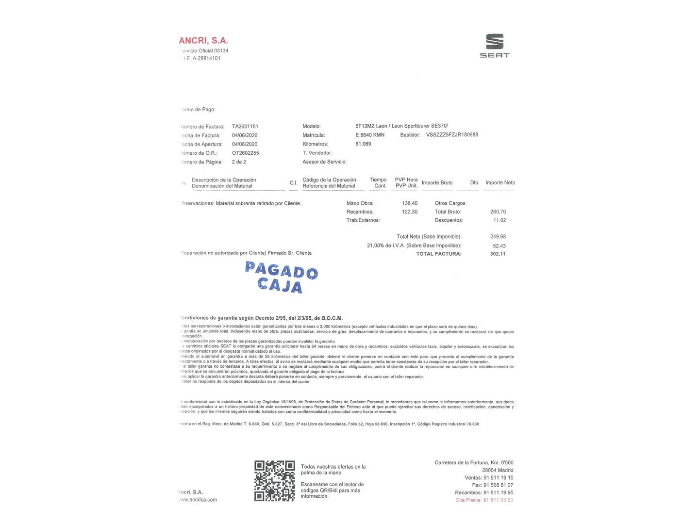Foto del mantenimiento del Seat León Seat León 1.4 TGI GNC S&S Style Visio DSG (110 CV)