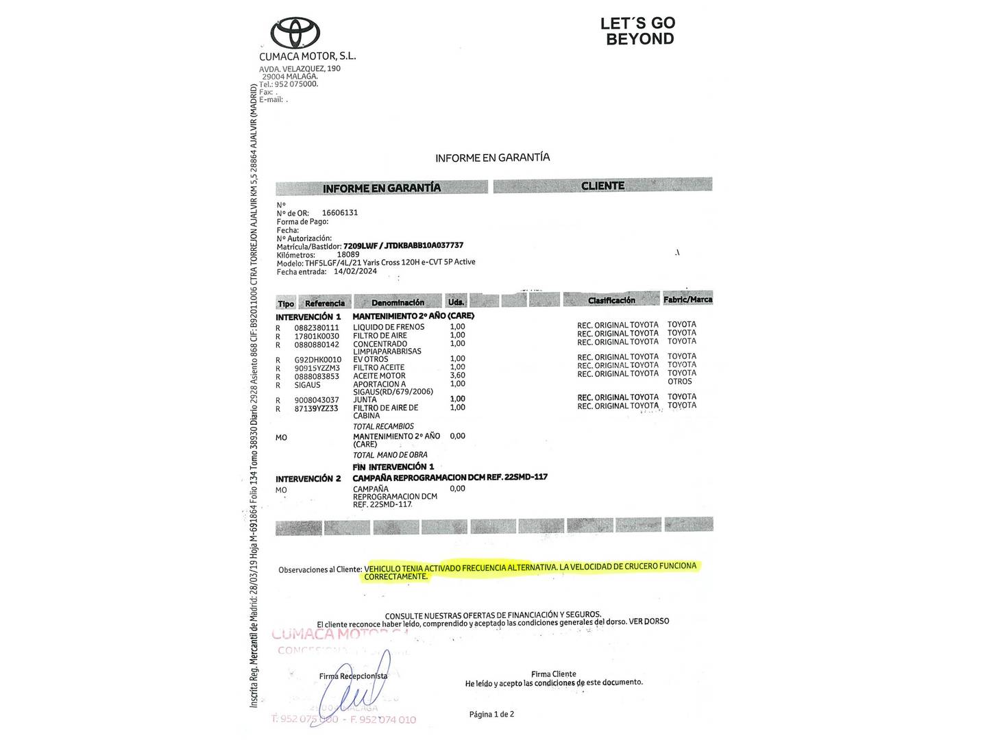 Foto del mantenimiento del Toyota Yaris Cross Toyota Yaris Cross 120H Active Tech 85 kW (116 CV)