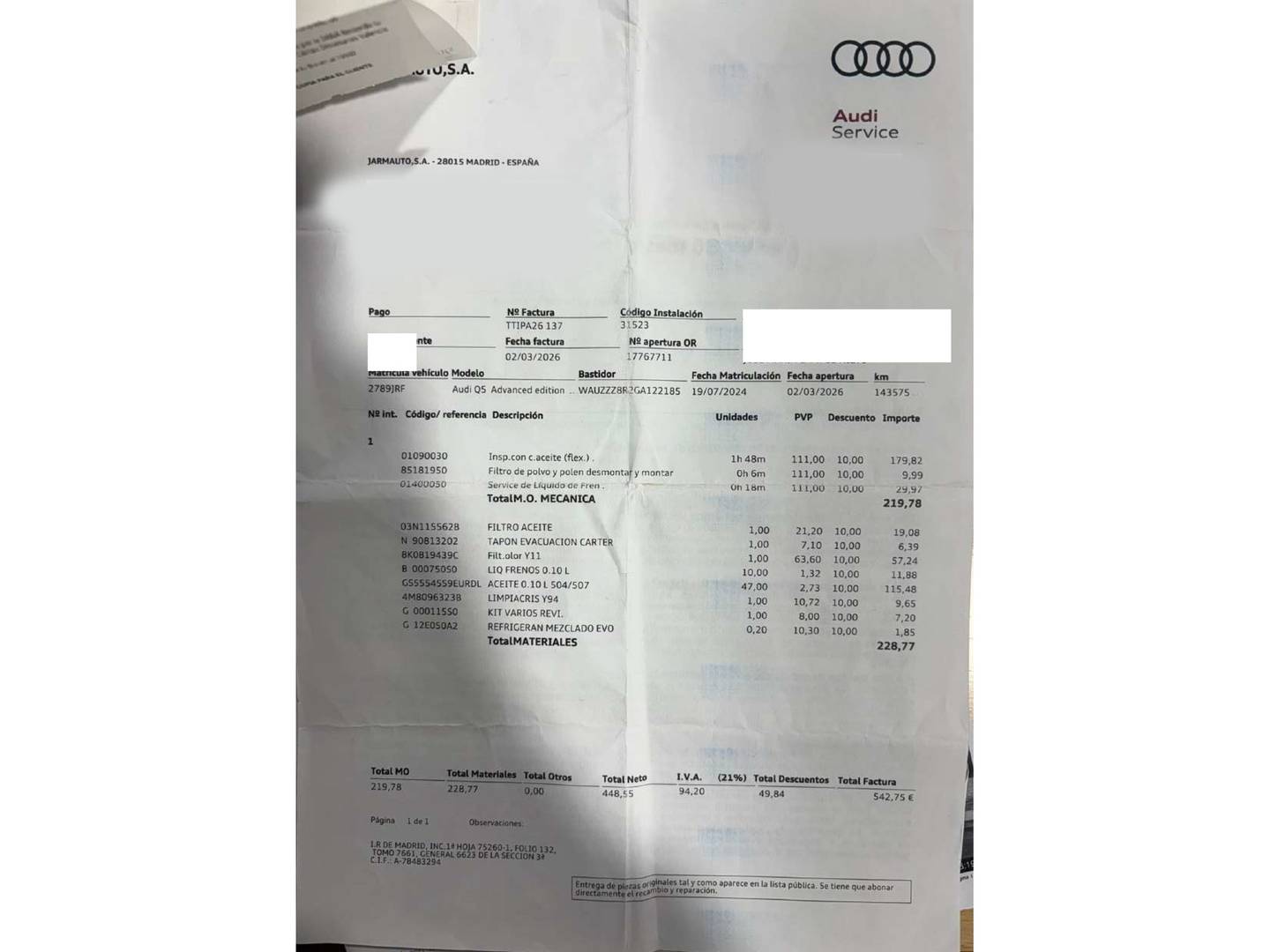 Foto del mantenimiento del Audi Q5 Audi Q5 Advanced edition 2.0 TDI clean diesel quattro (190 CV) S tronic