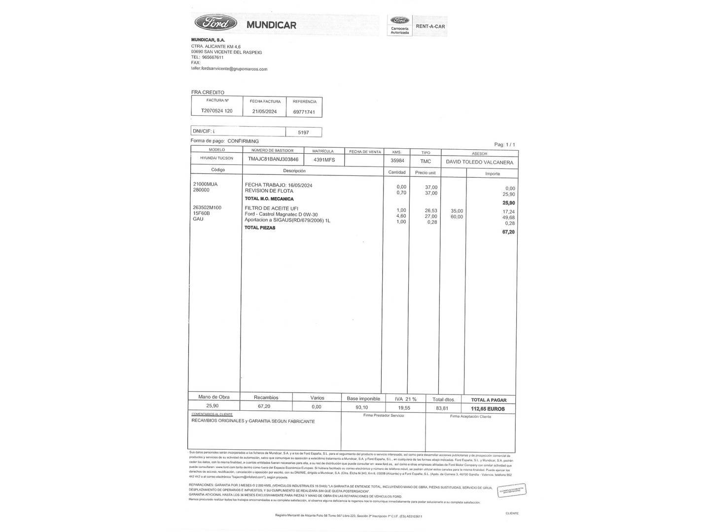 Foto del mantenimiento del Hyundai Tucson Hyundai Tucson 1.6 TGDI Maxx (150 CV)