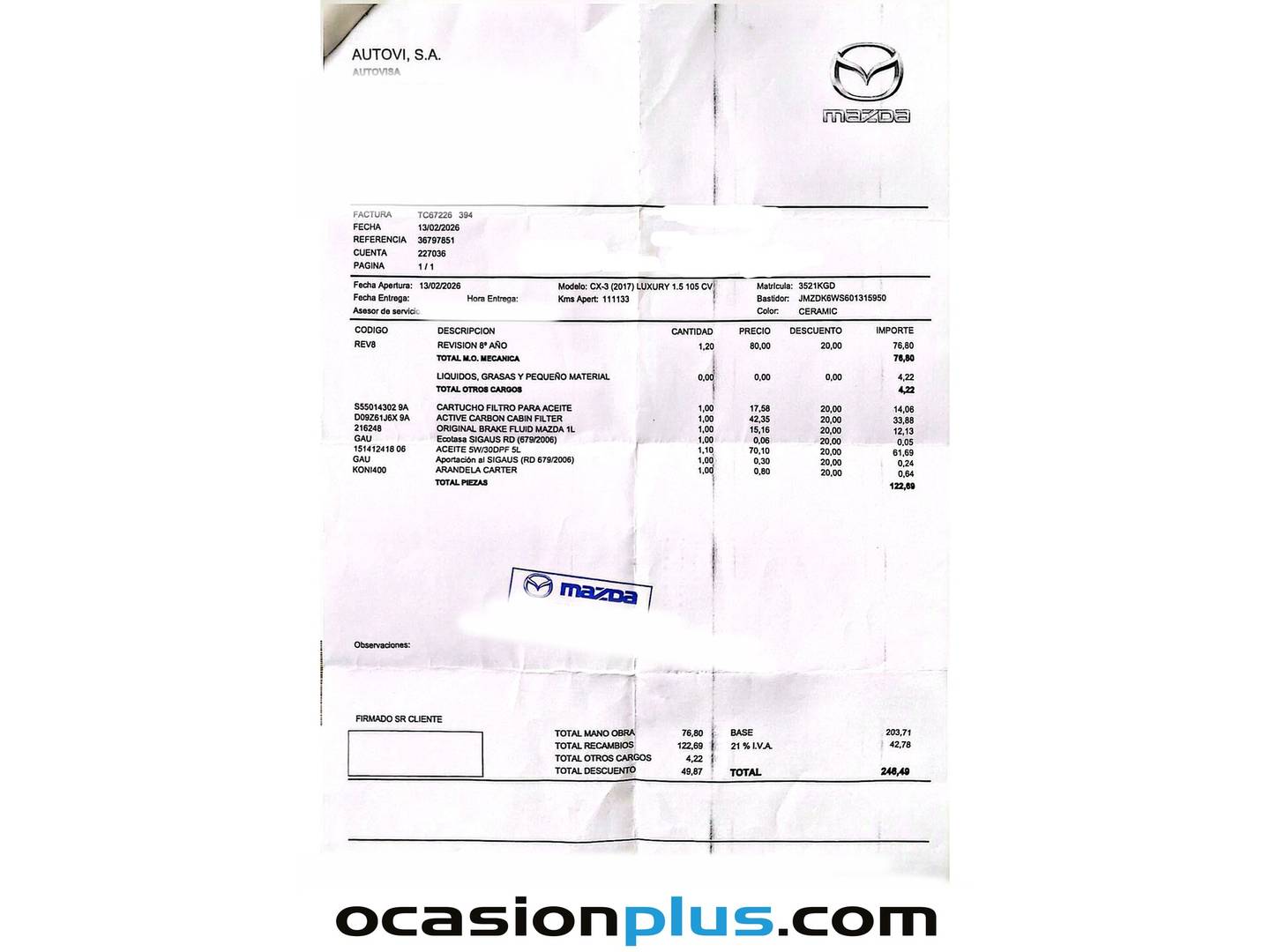 Foto del mantenimiento del Mazda CX-3 Mazda CX-3 1.5 DE SKYACTIV Luxury 2WD (105 CV)