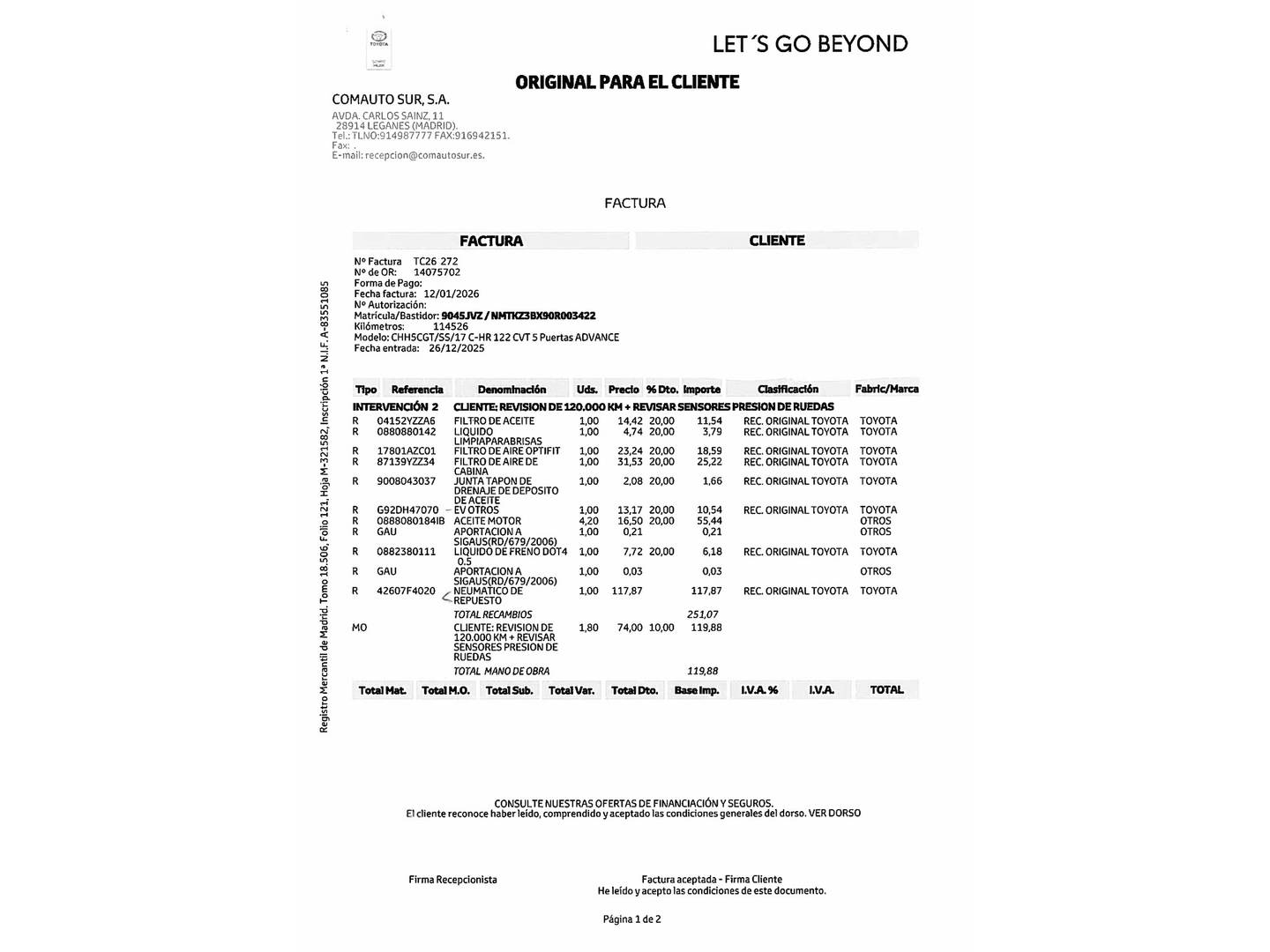 Foto del mantenimiento del Toyota C-HR Toyota C-HR 1.8 125H Dynamic Plus (122 CV)