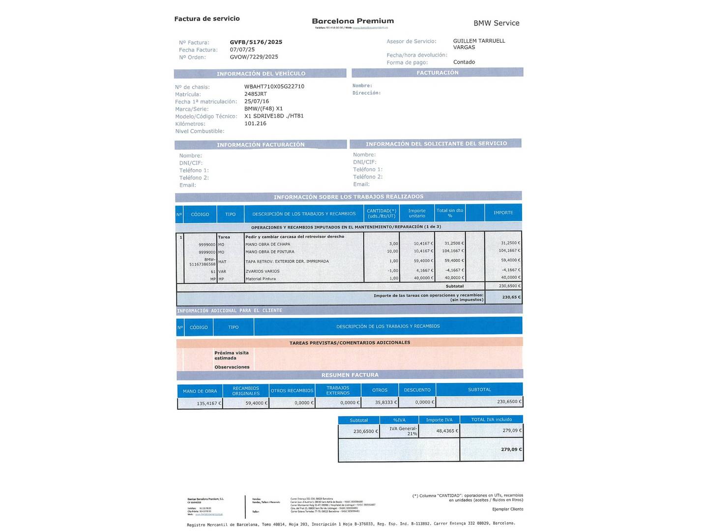 Foto del mantenimiento del BMW X1 BMW X1 sDrive18d  (150 CV)