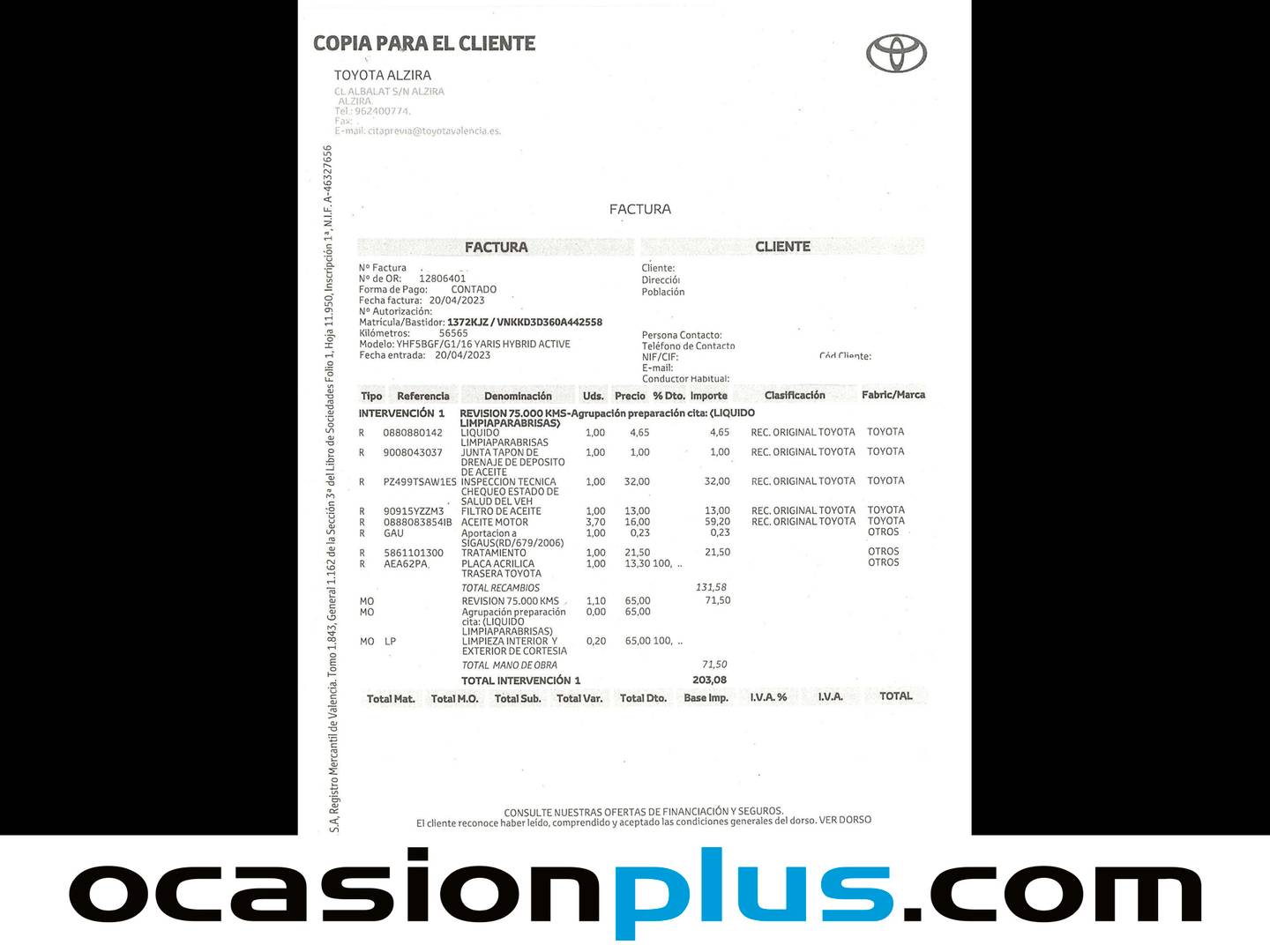 Foto del mantenimiento del Toyota Yaris Toyota Yaris 1.5 Hybrid Active (100 CV)