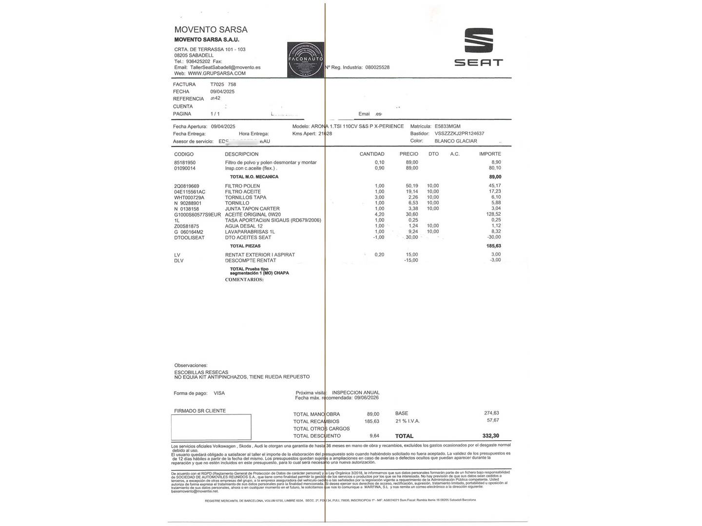 Foto del mantenimiento del Seat Arona Seat Arona 1.0 TSI Xperience XL (110 CV)